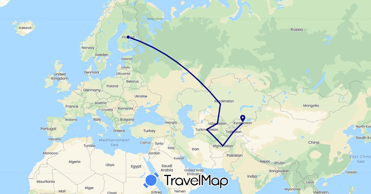 TravelMap itinerary: driving in Afghanistan, Finland, Kyrgyzstan, Kazakhstan, Tajikistan, Turkmenistan, Uzbekistan (Asia, Europe)